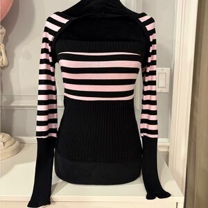 Gothic Y2K Striped Black and Pink Strapless Top with sleeves
